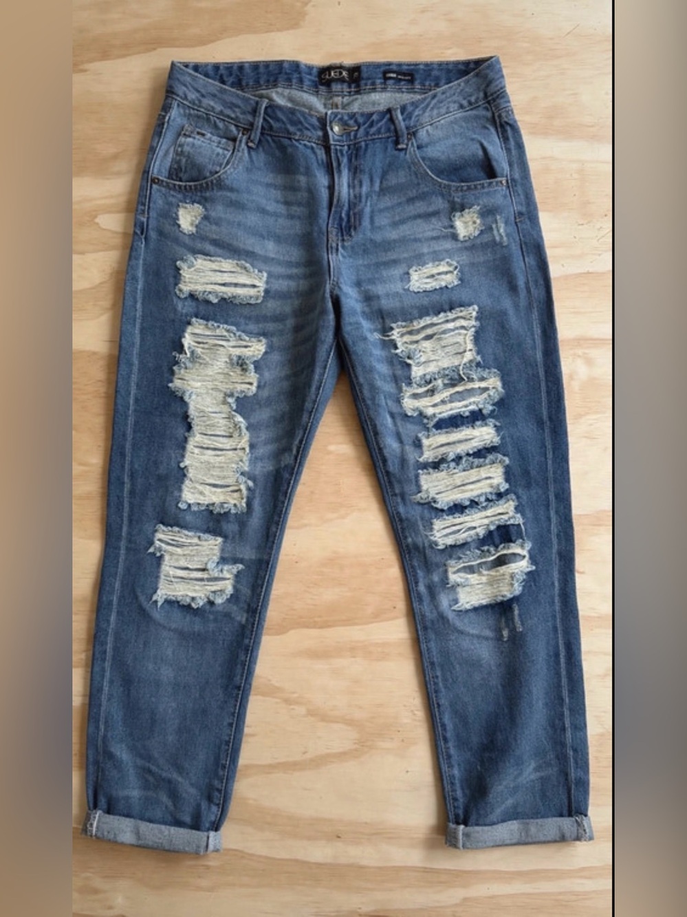Suede Jeans Women's Blue Distressed Boyfriend Jeans